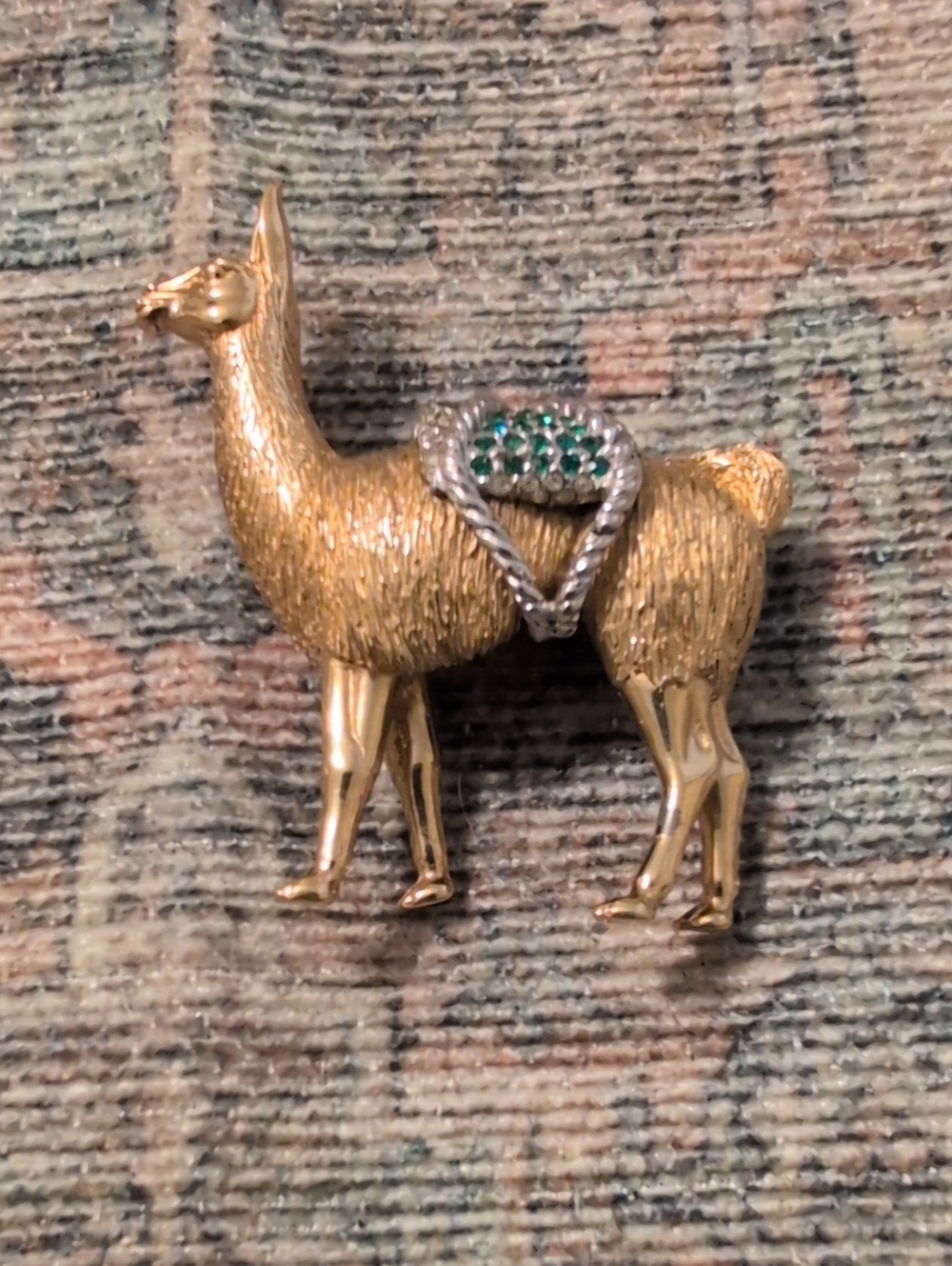 Gold-Tone Llama Accent Pin with Green Saddle Detail